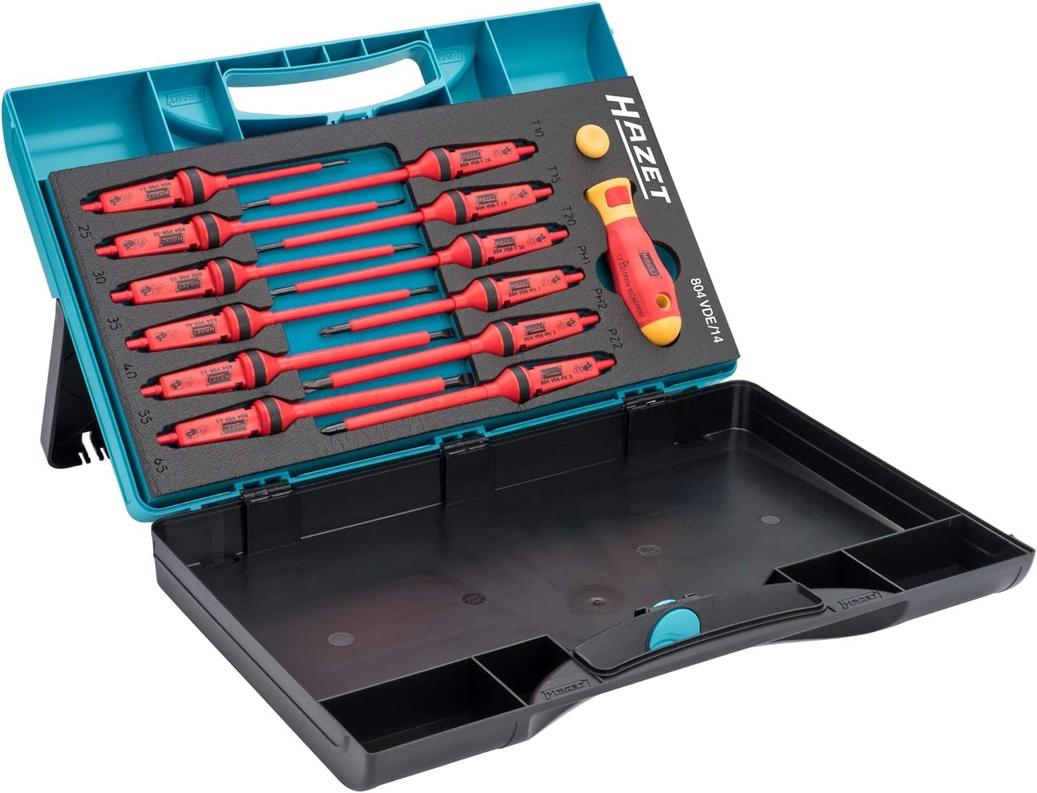HAZET Jeu de tournevis 804VDE/14 I Isolation de protection VDE jusqu'à 1000V I Jeu de 14 pièces I avec coffret plastique I Jeu de tournevis homologué VDE'.