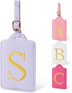Personalized Initial Luggage Tags for Suitcases, Cute PU Leather Embroidered Letter Travel Luggage Tags, Suitcase Identifier Name Baggage Tag, Bag Tags for Men Women Kids Luggage Handbags(Purple S)