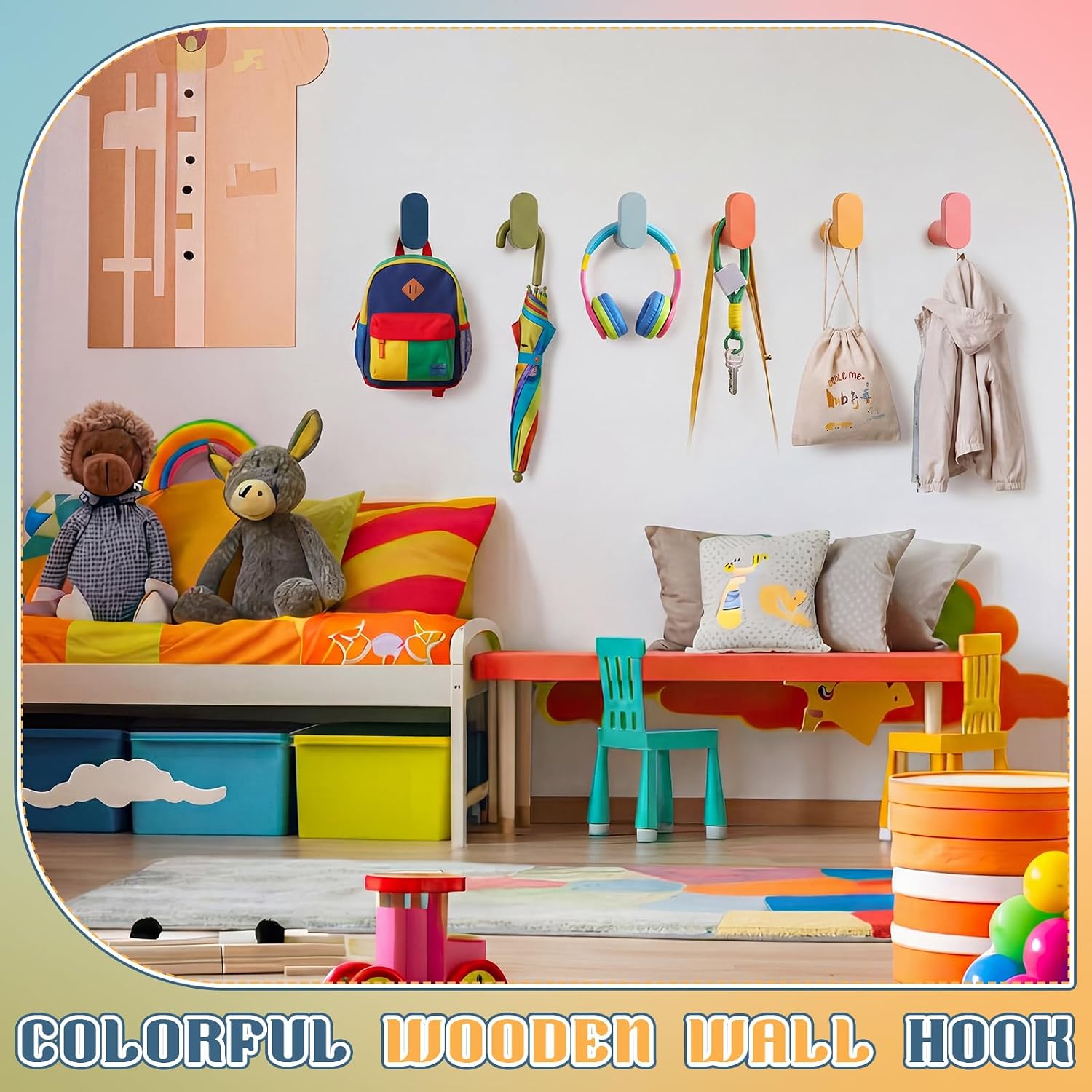 6 Pcs Wood Coat Hook Cute, Kids Wall Hook Playroom Decor, Small, Morandi