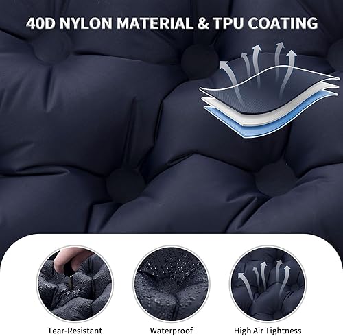 Miniatura 3 de Colchoneta de dormir doble para acampar, ultraligera, autoinflable, para 2 personas, con almohada incorporada, almohadilla de aire portátil para