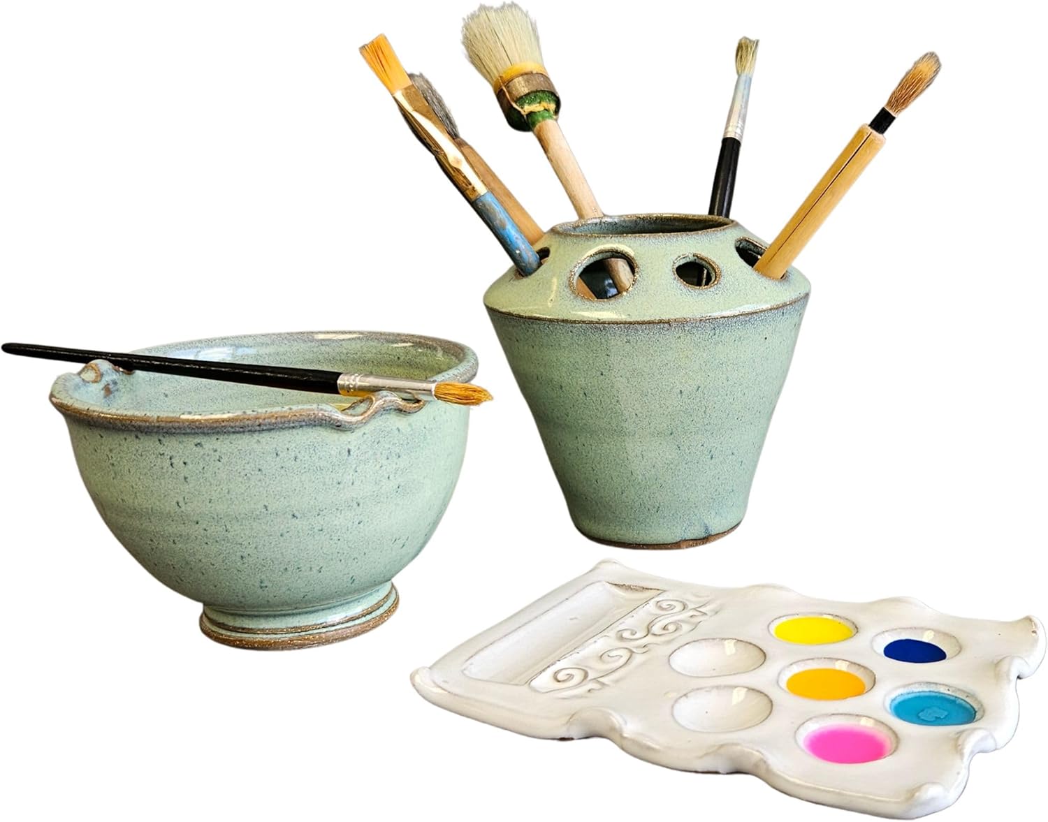The Mud Place 3 Piece Set for Canvas Art Watercolor Painting - Swirl Paint Palette Painters Rinse Cup and Brush Tool Caddy (Green)
