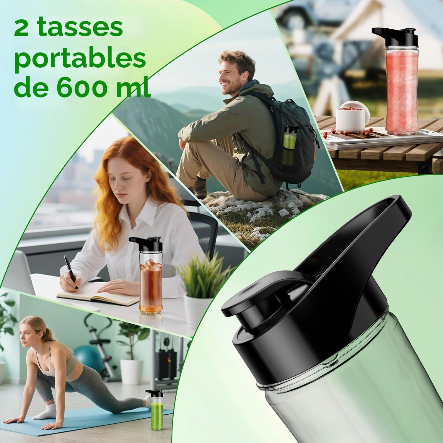 KITCANIS Mini Smoothie Maker 3 en 1, Mixeur électrique 800W, 3 vitesses réglables 2 bouteilles portables de 600 ml et 300 ml tasse de broyage pour glace, fruits, légumes, noix