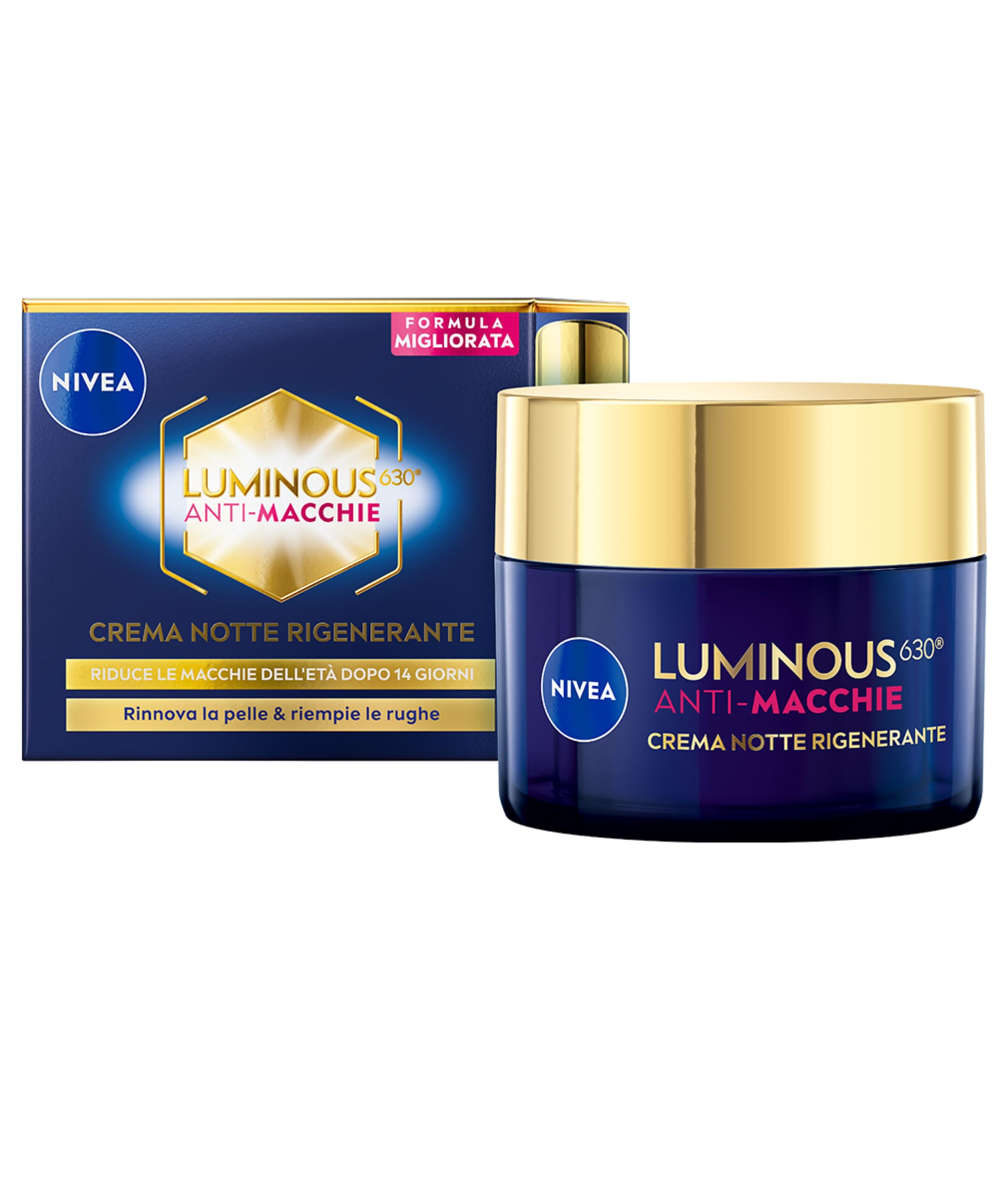 NIVEA Luminous630 Anti-Macchie Crema Notte Rigenerante 50 ml, Crema viso antirughe e antimacchia con Acido Ialuronico e Thiamidol brevettato, Efficiacia antimacchie viso per una pelle rinnovata