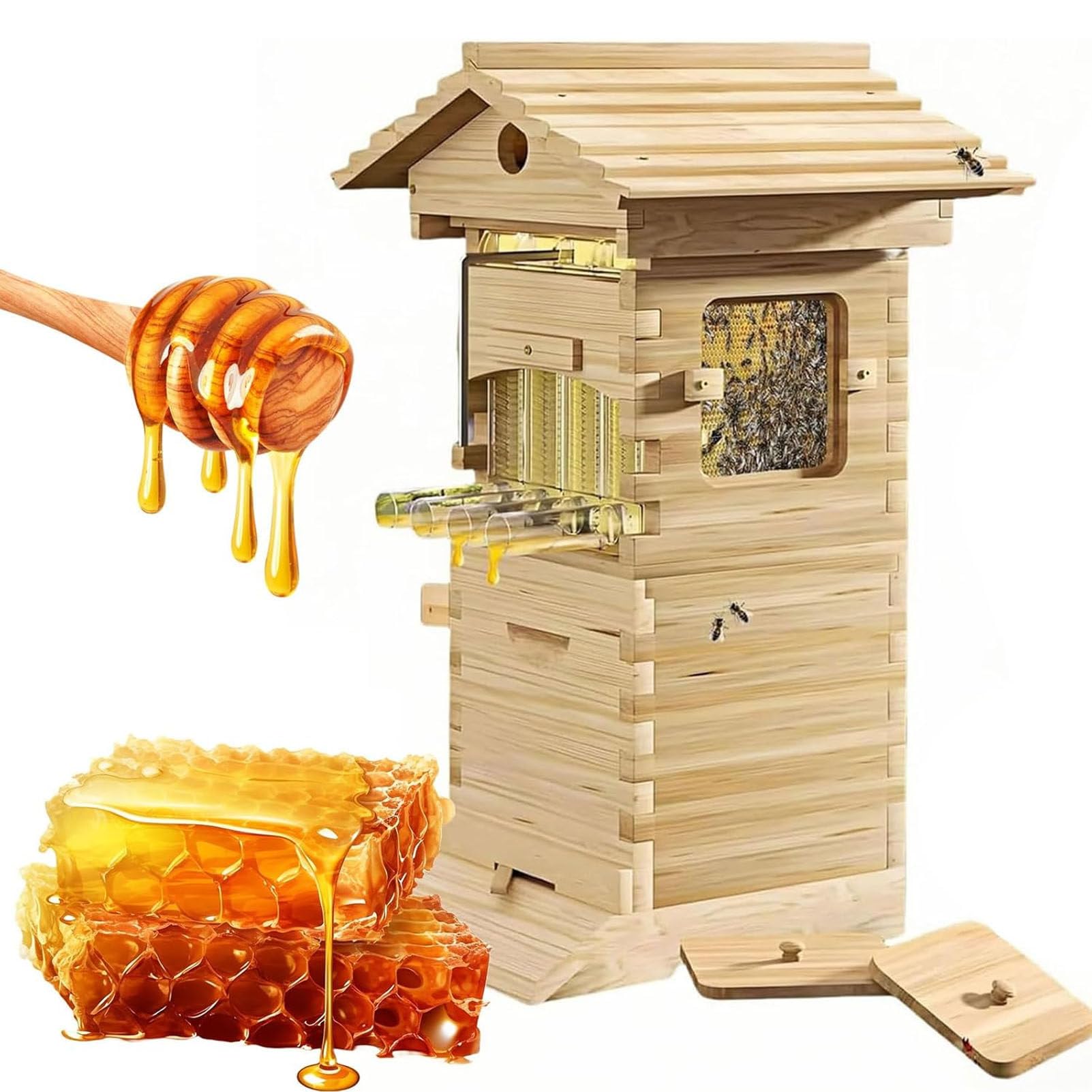 Caibendss Beehive Starter Kit,Self-Flowing Honey Beehive, Complete Beekeeping Wooden Bee Box with Observation Window and Honey Spout, for Beekeeping,Garden Pollinators
