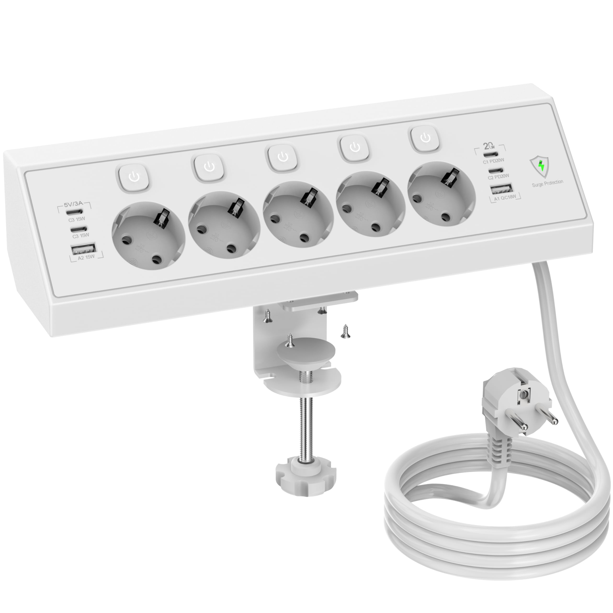 Regleta Enchufes Proteccion Sobretension, Toma de Mesa con USB C 20W, Regleta Escritorio 5 Tomas con Interruptores Individuales, Enchufes Multiple para Cocina Oficina, 1.8M Cable, Blanco