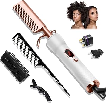 Hot Comb,Travel Curling Iron Double Voltage 110-240V with European Plug Adapter,12 Temp Settings Straightening Comb for Black Hair,Pressing Combs for Straight/Curling