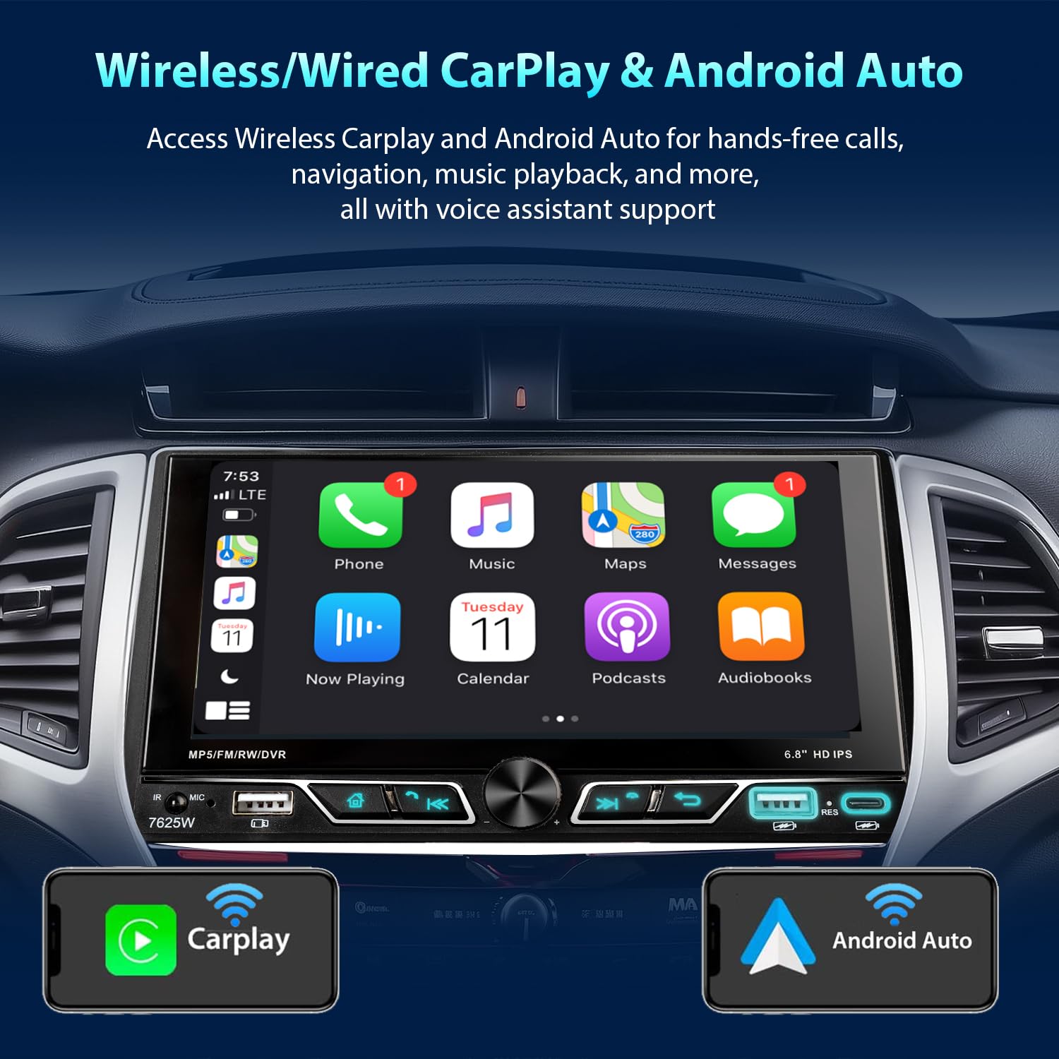 Autoradio 2 DIN con schermo da 6,8", compatibile con Wireless Apple CarPlay/Android Auto Bluetooth Type-C USB 2.1A ricarica rapida telecamera posteriore AM/FM/RDS radio DSP