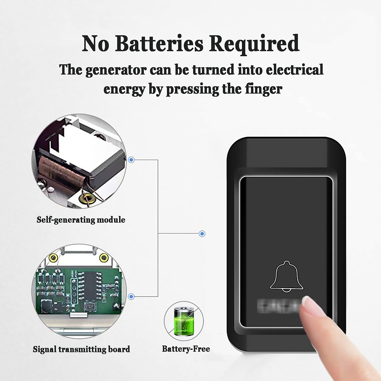 Campanello Wireless autoalimentato, Funzionamento a 390 Piedi di Portata con 38 campanelli, 3 Livelli di Volume, Facile da installare per casa, Scuola, Ufficio, Bianco, Nero