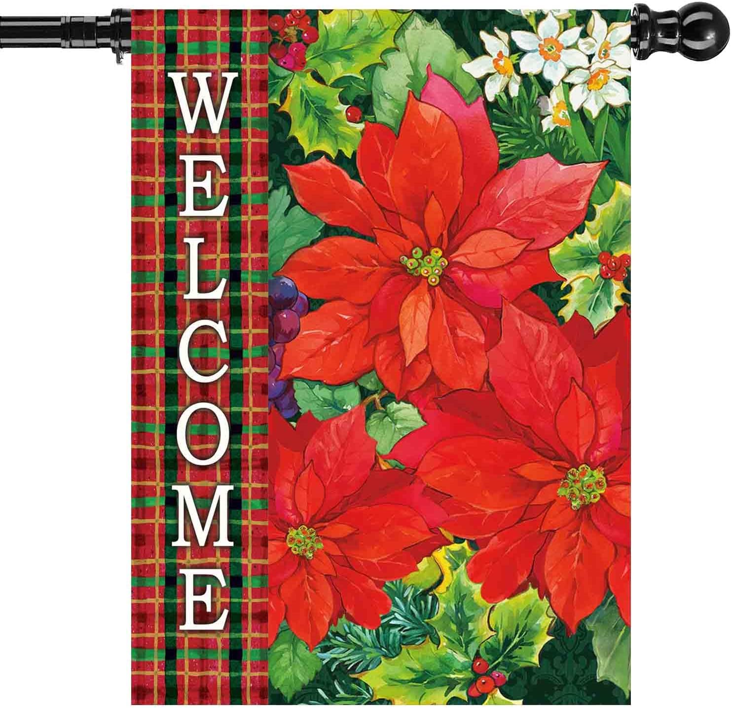 Christmas Welcome Garden Flag 28x40 Inch Double Sided Burlap Yard Flag, Buffalo Plaid Winter Holiday Outdoor Decorations for Porch, Farmhouse, Lawn, Garden Decor 28"x40" 02-Christmas Flowers