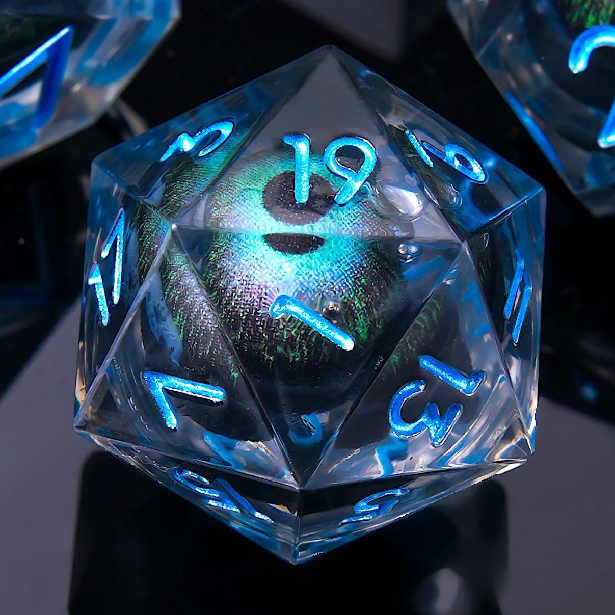 Beholder's Dragon Eye DND Dice Set, Liquid Core Cat Eye Sharp Edged Resin Dice for Dungeons and Dragons,7pcs RPG Polyhedral MTG Role Playing Dice D20 D12 D10 D8 D6 D4 with Gift Box(BlueDark)