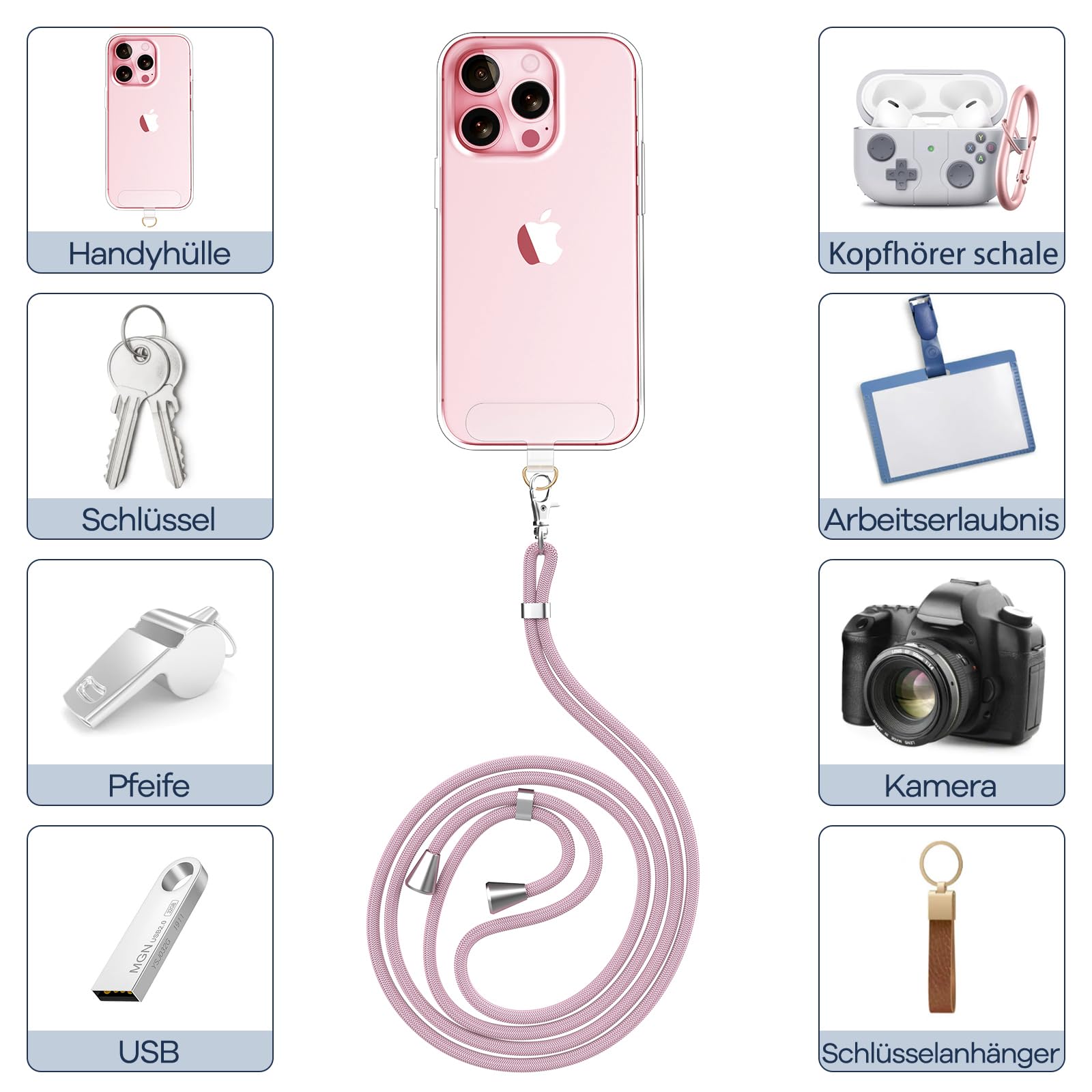 caslord Cordino per Cellulare*1, Trasparente Patch Universali*2, Adatto a Tutti Gli Smartphone, Cinturino per Cellulare Abbinabile a Qualsiasi Custodia, Regolabile e Rimovibile - Oro rosa+trasparente