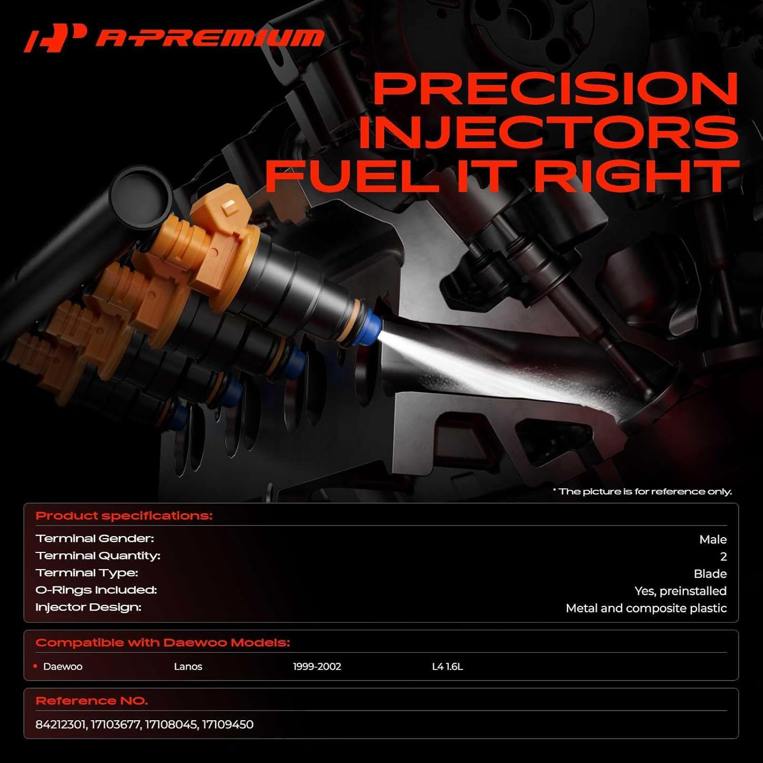 A-Premium Fuel Injectors Set of 4 Compatible with Daewoo Lanos 1999 2000 2001 2002, 1.6L, Replace# 17103677, 17109450