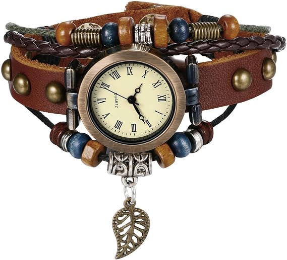 Punk Leather Bracelet Watch: Women Browm Retro Ethnic Casual Analog Quartz Roman Number Feather Layer Wristwatches, Punk, Adult