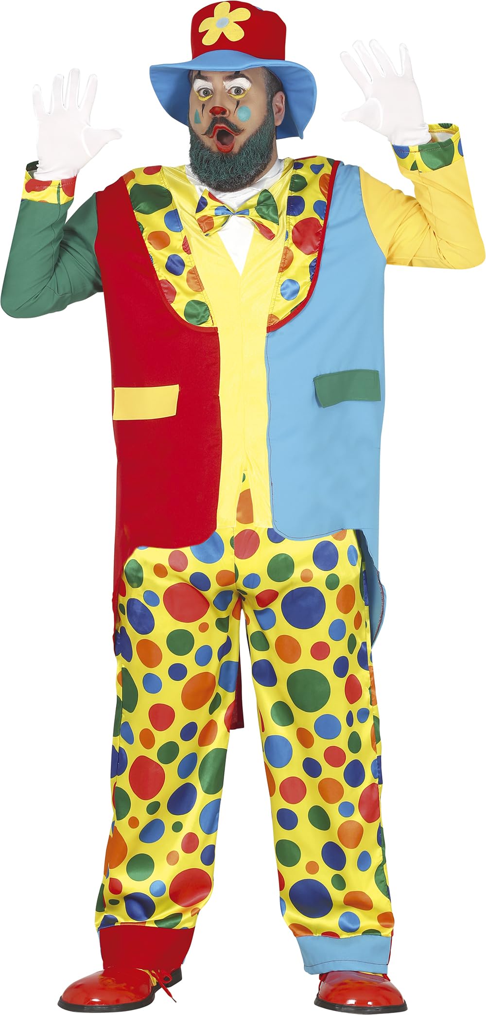 FIESTAS GUIRCA | Adult Clown Fancy Dress (42-44/XL) - Waistcoat, Jacket, Bow Tie, Trousers and Hat - Circus and Comedy Costumes for Halloween, Carnival and Fancy Dress Parties - Men - Multicolour
