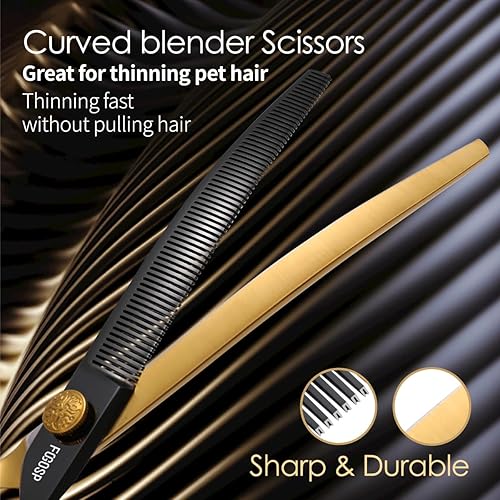 Miniatura 5 de Tijeras de adelgazamiento curvadas para perros de 7.5 pulgadas, color negro y dorado, tijeras profesionales multiusos para mascotas grandes, 66