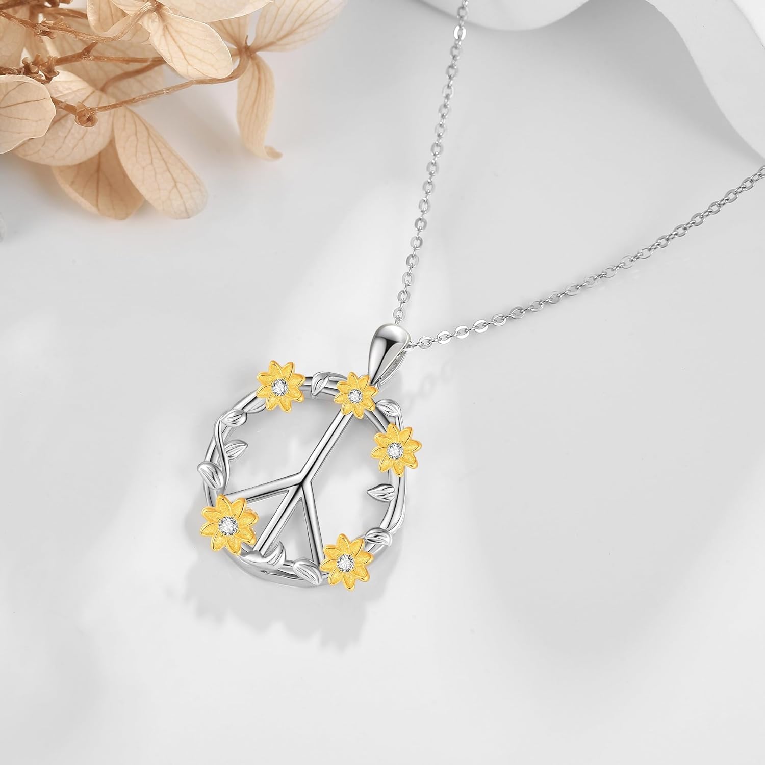 Peace Necklace Sterling Silver Sunflower Peace Sign Pendant Necklace Hippie Jewelry for Women - Image 6