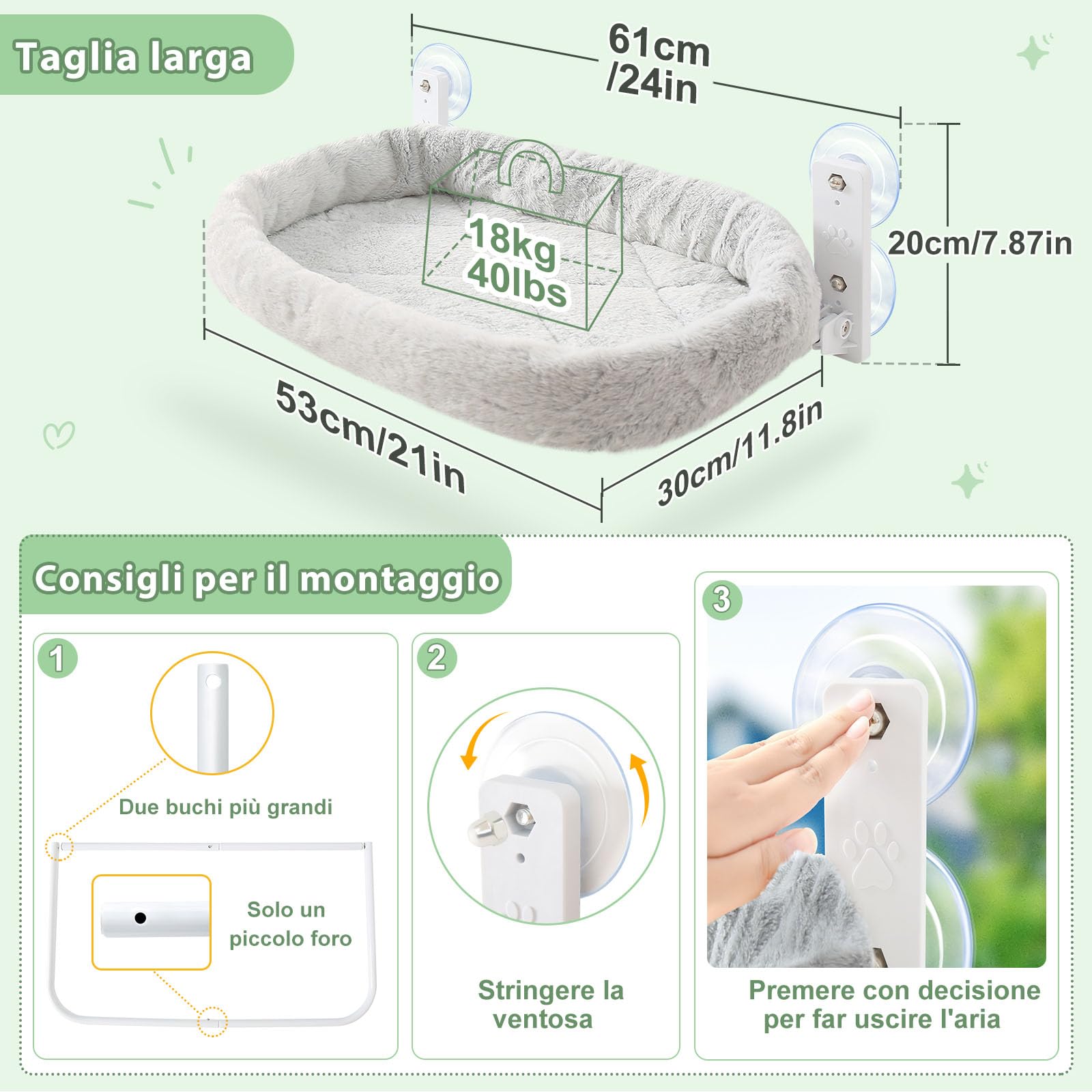 GUUSII HOME Amaca Gatto Finestra Cucce per Gatti Cuccia Morbida Letto Mensole da Interno Trespolo Sdraio per Gattini Robusto Facile da Montare Caldo Tappetino Reversibile 53 * 30cm (Grigio, M)