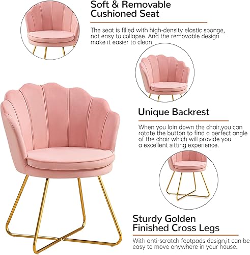 Miniatura 6 de Furniliving Sillas de tocador rosas, silla de maquillaje de terciopelo para dormitorio, silla de escritorio de oficina en casa con patas chapadas en
