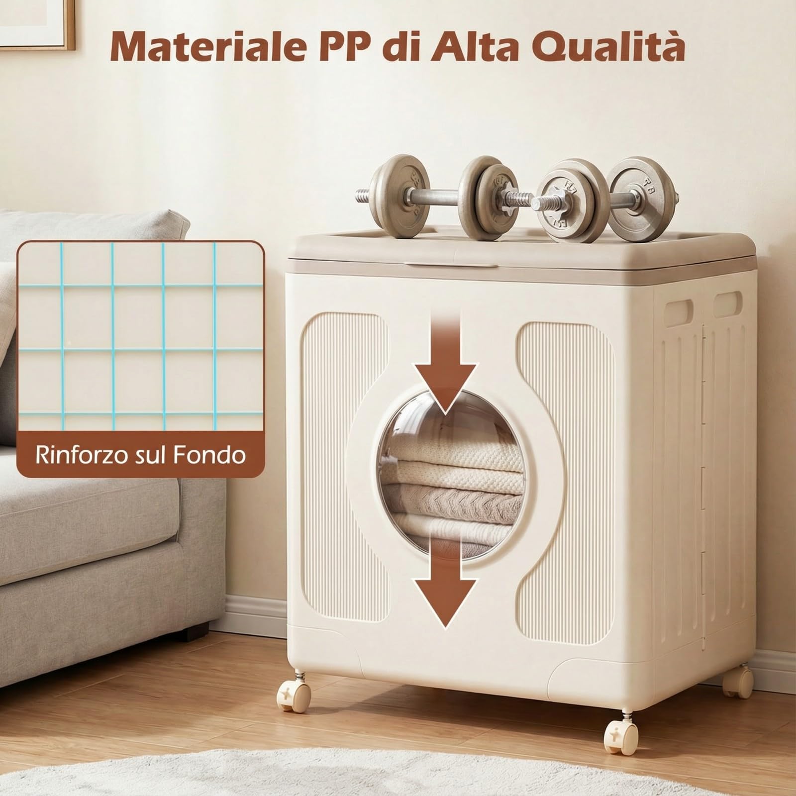 COSTWAY 45 L Scatola di Stoccaggio con Coperchio e Ruote, Contenitore per Bucato con Finestra Trasparente per Vestiti, Organizer Portatile in Plastica per Casa, Palestra e Camera da Letto (Grigio)