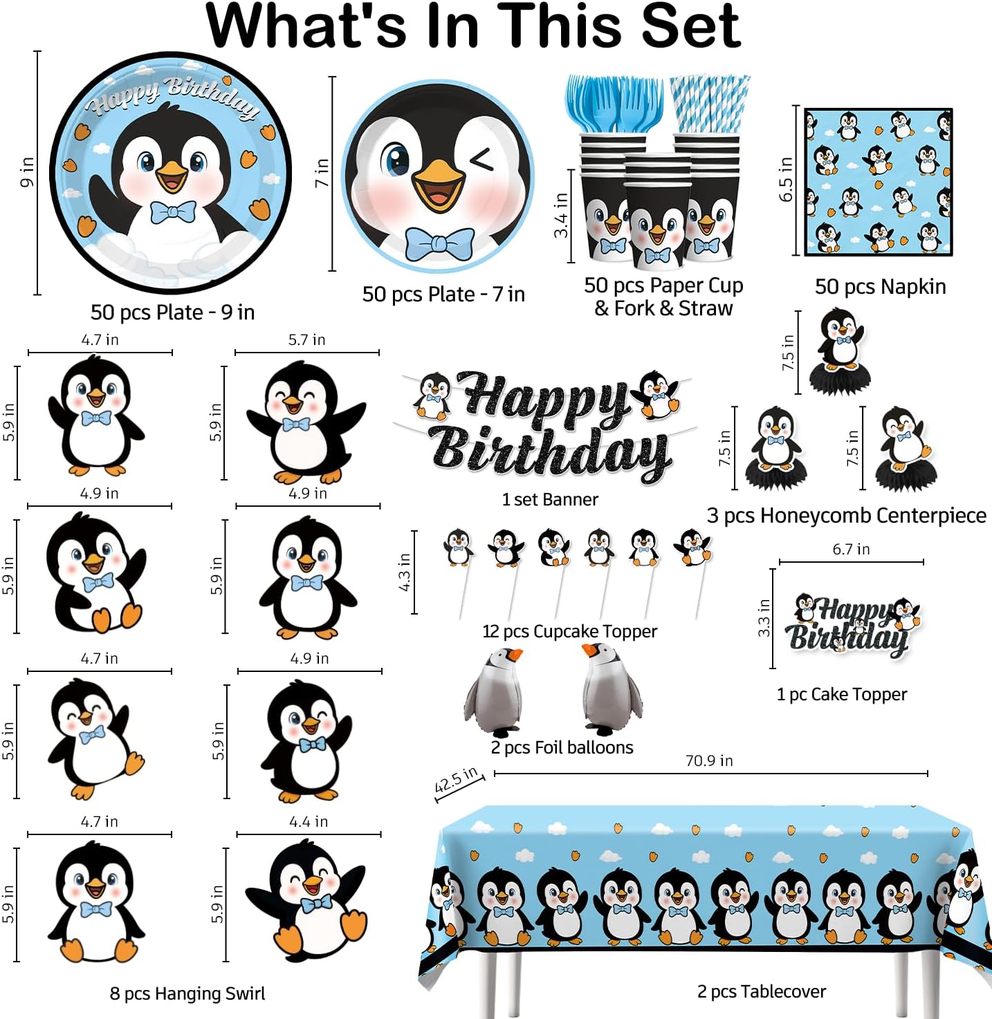 Xynic 329pcs Penguin Birthday Decorations Tableware Complete Party Set, Penguin Party Decorations Serves 50 Guests, includes PenguinTheme Paper Banner Cake Topper Balloons Plates Napkins Cups, etc