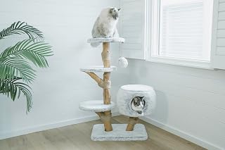 Modern Cat Tree Tower with Cave, Real Wood Cat Scratching Post with Bed for Indoor Cats Large Adult, Solid Wooden Climbing Tower, Aesthetic, Luxury Pet Furniture - FLORRA 2