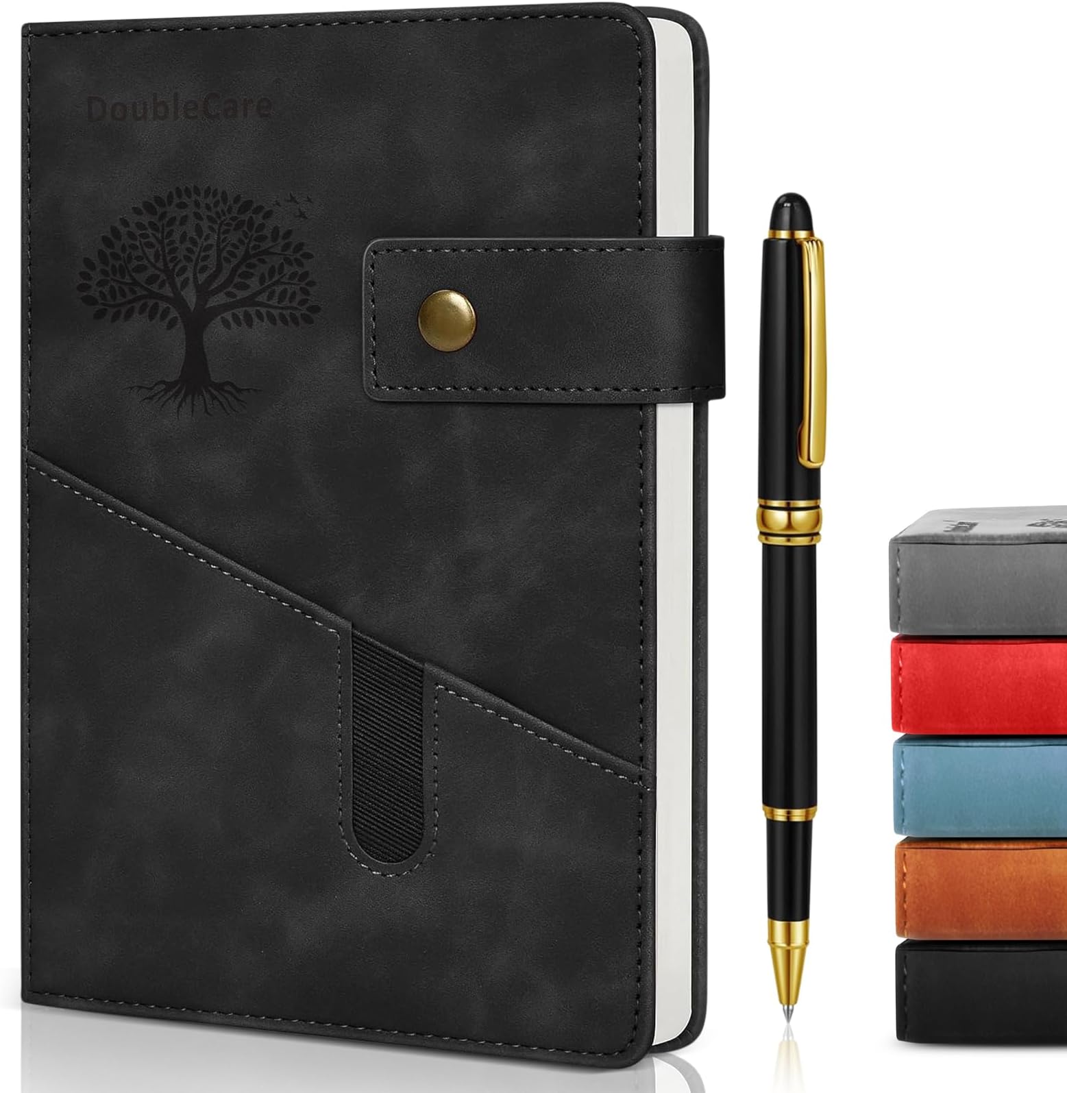 DoubleCare Lined Journal Notebook, A5 Leather Hardcover Thick College Ruled Thick Classic with Pen and Pocket Design, Thick Paper Writing, Journal for Women Men School Office, 5.75"X8.38",Black