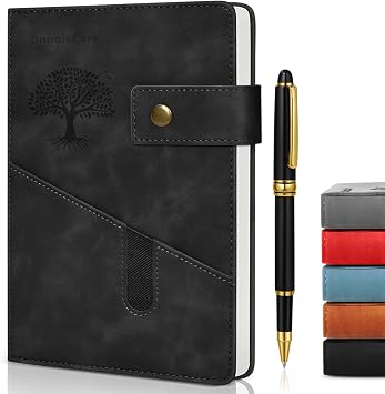 A5 Notebook Lined Journal with Divider, Large Hardcover Leather Journal | 100gsm Thick Notepad with Pockets, Ruled Notebook with Pen School Supplies Office, Business Travel