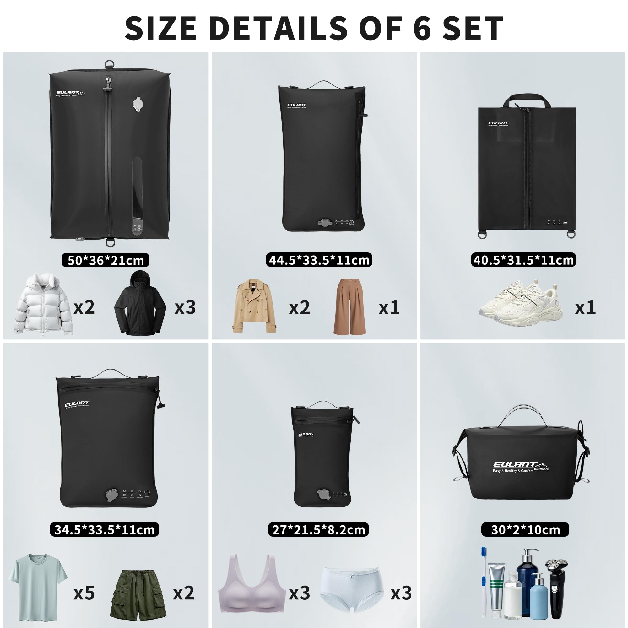 EULANT Kompressions Packwürfel Set 6 für Koffer,4 Vakuumbeutel + 1 Schuh Tasche + 1 Wasserdichte Kulturtasche, Reisepack Organizer für Handgepäck, IPX8 Reißverschluss & Ultraleicht