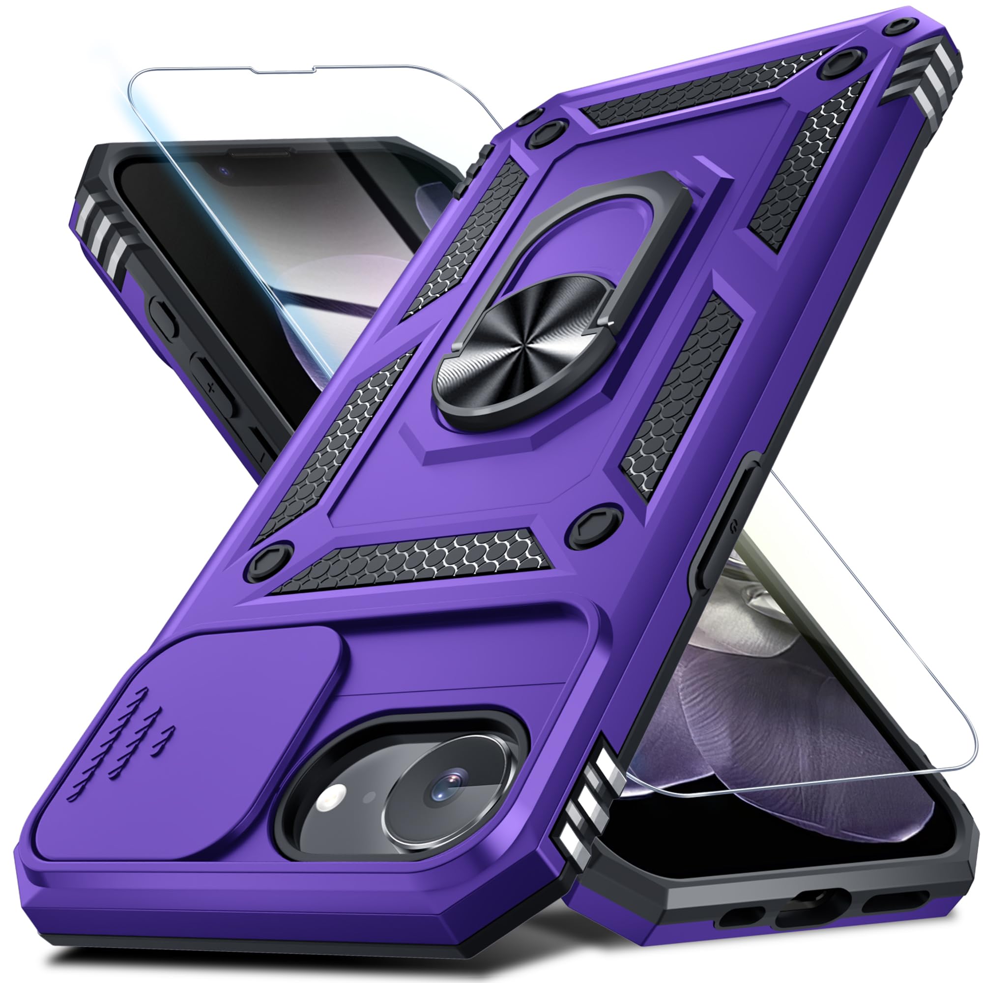 Janmitta for iPhone 16e Case Built in Slide Camera Lens Cover+Screen Protector,Heavy Duty Shockproof Full Body Phone Cover with Finger Ring Holder Kickstand,2025 Purple