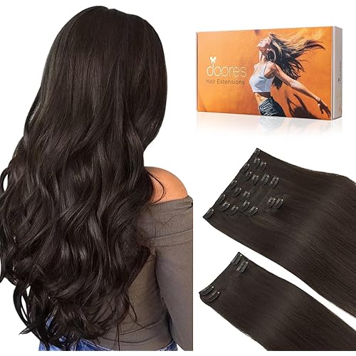DOORES Human Hair Clip in Extensions, Dark Brown 150g 9pcs 22 Inch, Real Human Hair Extensions Clip in Remy Hair Extensions Human Hair Natural Thick Human Hair Extensions Clip ins Silky Straight