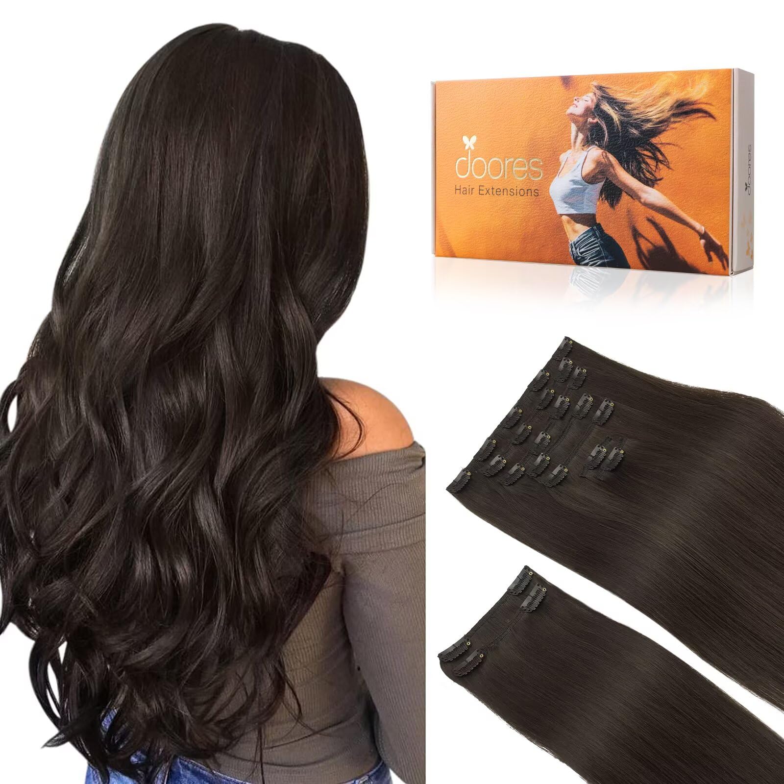 DOORES Human Hair Extensions Clip in, Dark Brown 150g 9pcs 16 Inch, Hair Extensions Real Human Hair Clip ins Remy Clip in Hair Extensions Human Hair