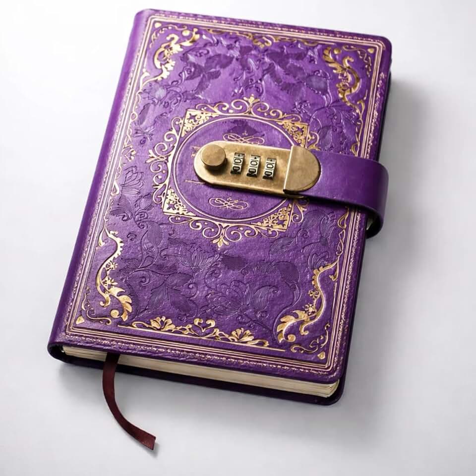 Caderno Vintage Couro Feminino Flores Com Pauta Cadeado de Senha Diário A5 Segredo com Trava de Combinação Lock Fechadura Agenda Anotações Pautado 100 Páginas (roxo)
