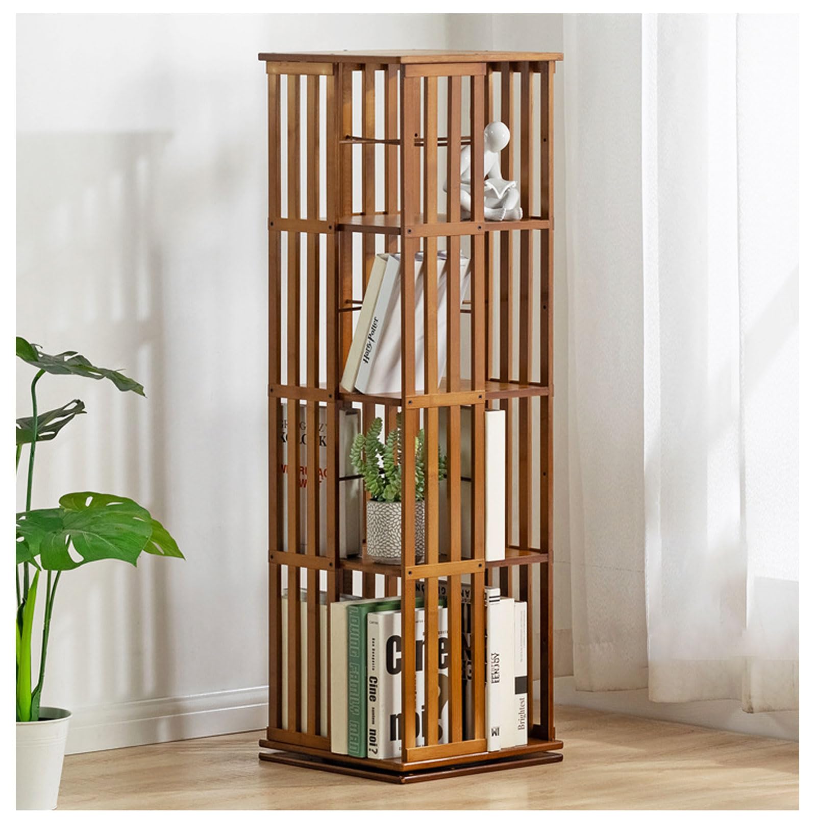 Lshtshf-Ou Light Walnut 360 Display Rotating Bookshelf Bamboo Organizer Wooden Bookcase Corner Tall Book Shelf Modern With Open Design Shelving Unit(,4Th Floor-Tier)