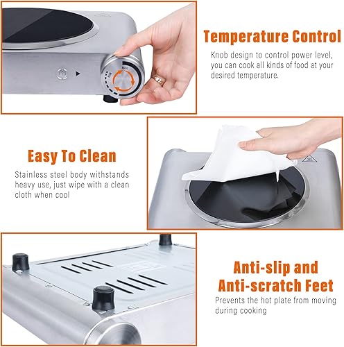 Miniatura 3 de Davivy Quemador eléctrico doble, placa eléctrica, quemadores de encimera, quemador doble de 1800 W, estufa eléctrica portátil, placas calientes