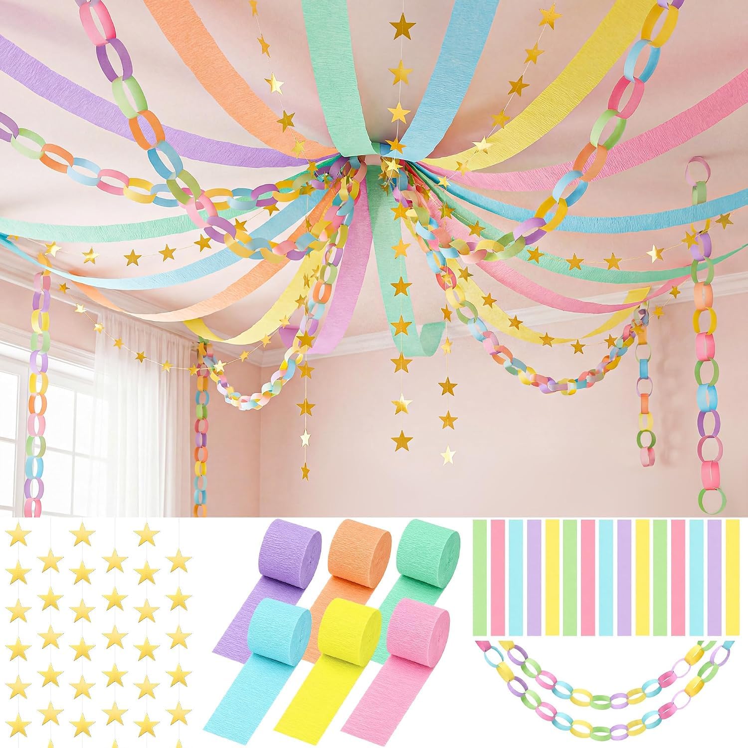 700PCS Colorful Paper Chain Strips, Paper Chain Star Garland Set