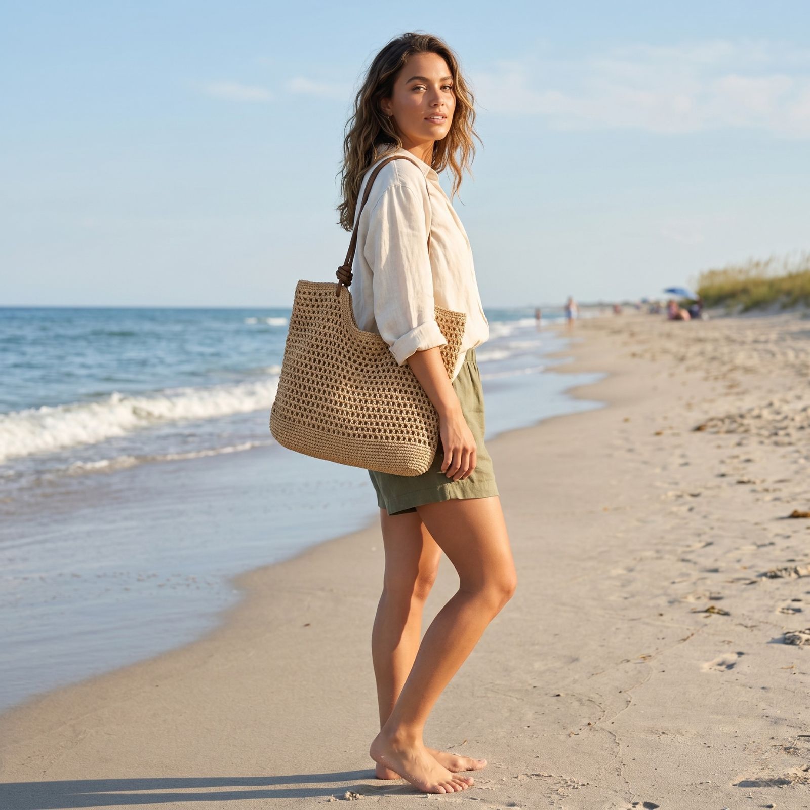 Bolso de playa tejido a mano Jansben para mujer con asas de cuerda de algodón y cuero sintético miniatura 7
