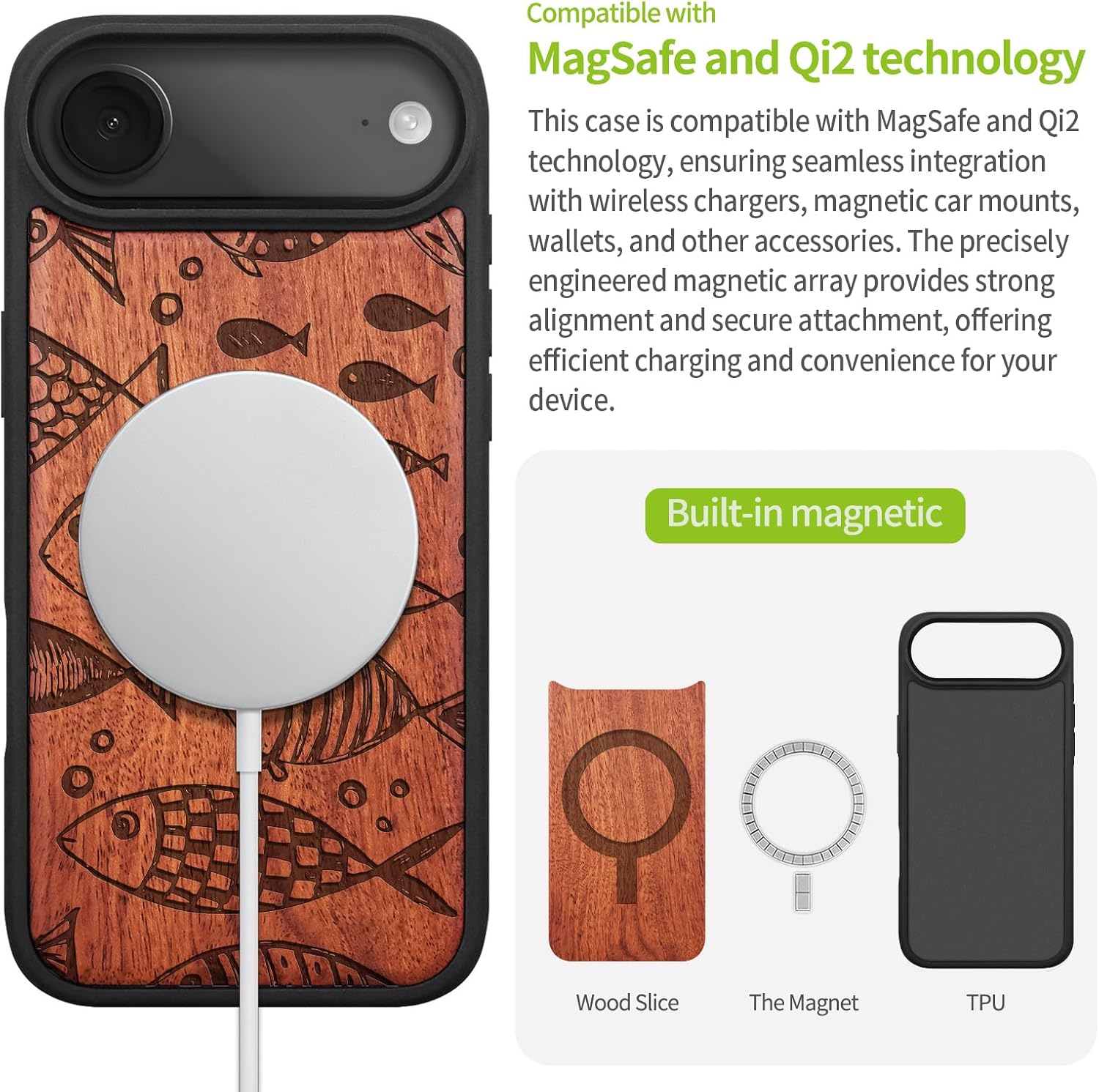 Carveit Magnetic Wooden Case for iPhone Air Case, Wood Artisan Engraved & Soft TPU Shockproof Cover, Compatible with MagSafe 17 Air Wireless Chargers (Whimsical Fish) Rosy