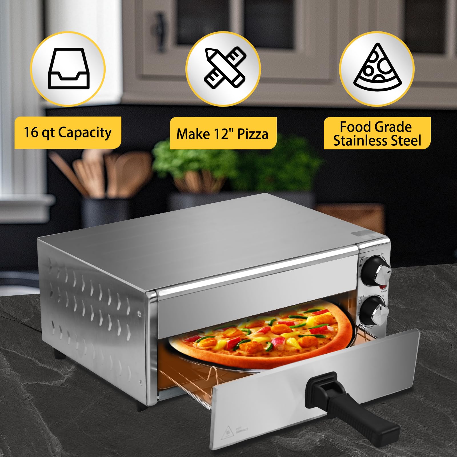 Electric Pizza Oven Commercial Pizza Maker Countertop Pizza Machine 1200w With Timer, Stainless Steel Pizza Cooker,Indoor Countertop Pizza Oven For Home、Restaurant & Commercial Use - Detailed View