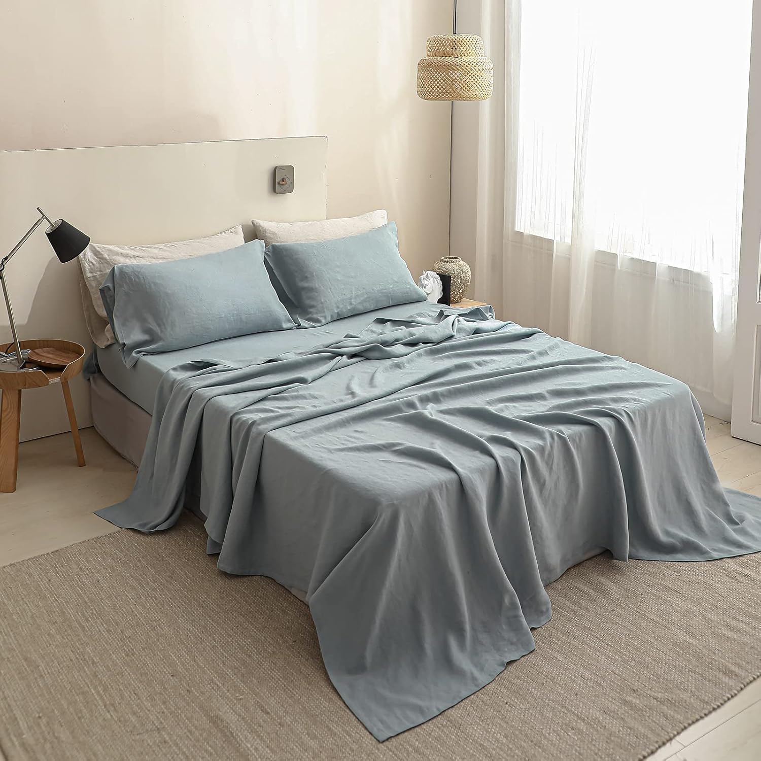 Simple&Opulence 100% Linen Sheet Set Solid Color-4 Pcs Washed French Linen Bed Sheets(1 Flat Sheet,1 Fitted Sheet,2 Pillowcases)-Breathable Bedding Set (Dusty Blue, Queen) : Home & Kitchen