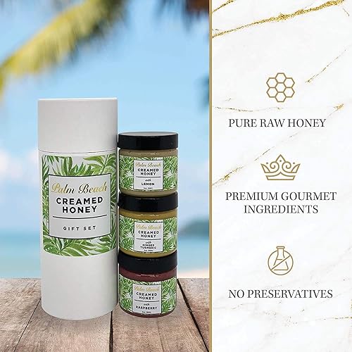 Miniatura 5 de Palm Beach Creamed Honey - Miel de flor silvestre con sabor natural lote pequeño Kosher juego de regalo trío frambuesa limón jengibre