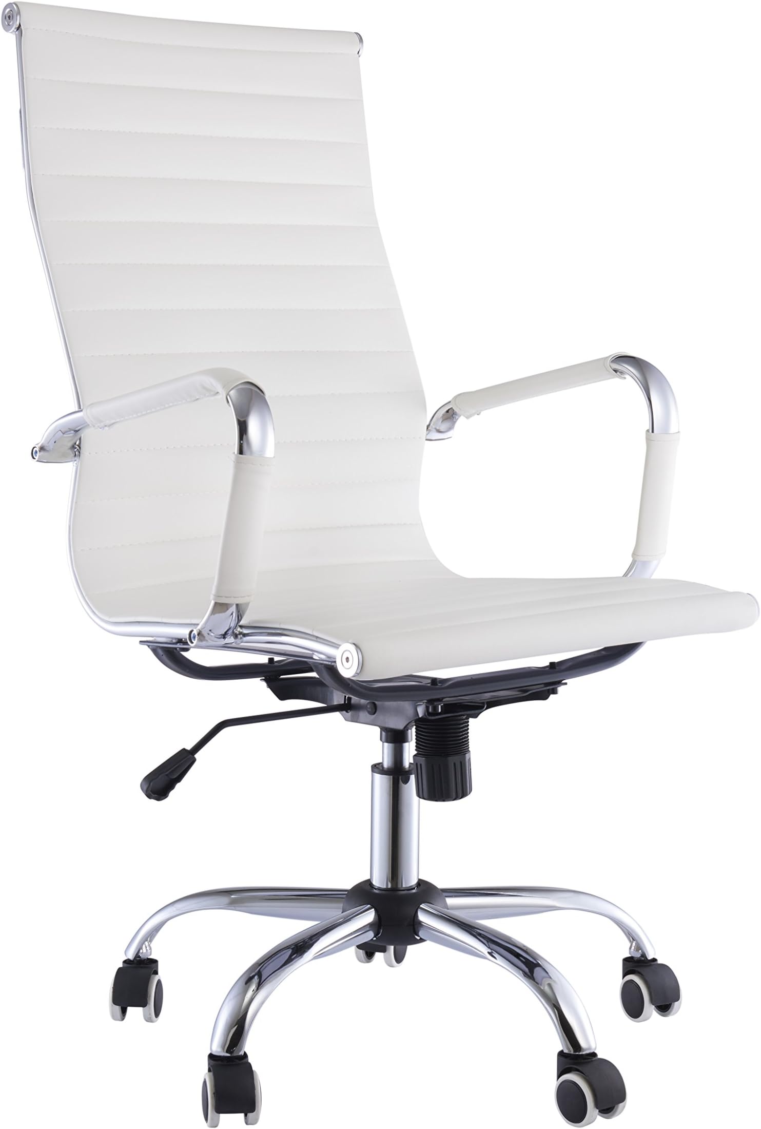 EBS White Ribbed Desk Chair Computer Office Chair Swivel Chrome Metal Leg - EBS High Back White PU Leather