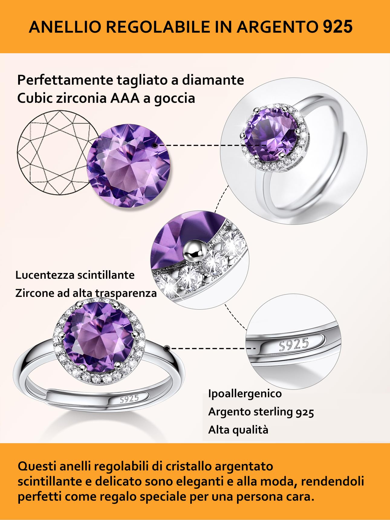 Bestyle Anello Donna Argento 925 Regolabile con Pietra Portafortuna 12 Mesi, Anello Argento 925 Donna per Ragazza Mamma, Confezione Regalo