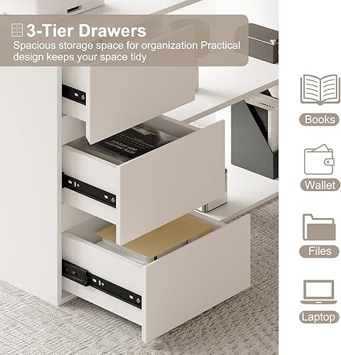 Miniatura 8 de Escritorio en forma de L para computadora de 47 pulgadas, escritorio de oficina en casa con cajones para archivos y estantes de almacenamiento,