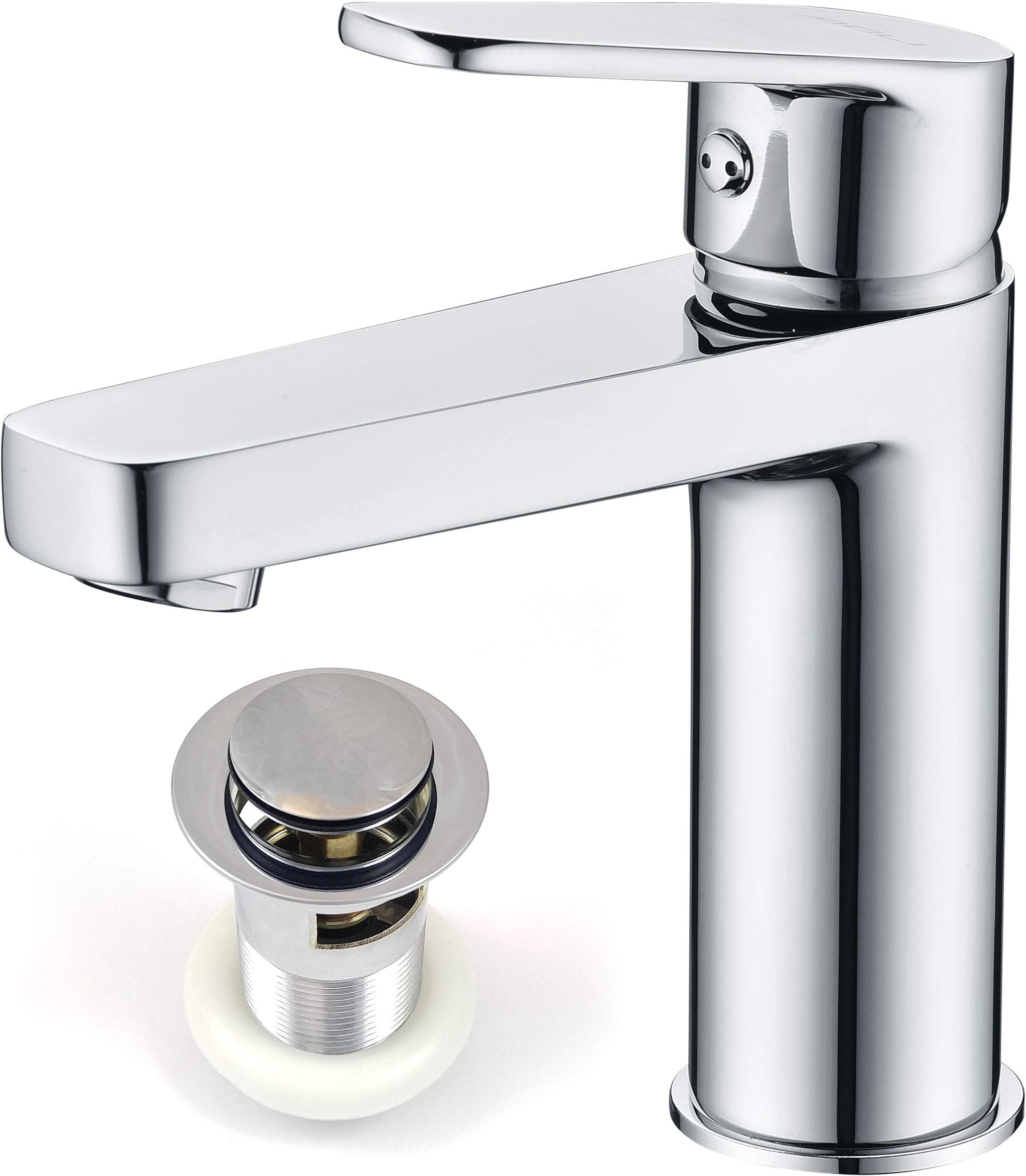 Xcel Home 08-QCTK-FLLU AI130 Chrome Basin Sink Tap with Waste Round Mixer Mono Bloc Modern Bathroom Cloakroom Faucet, Silver