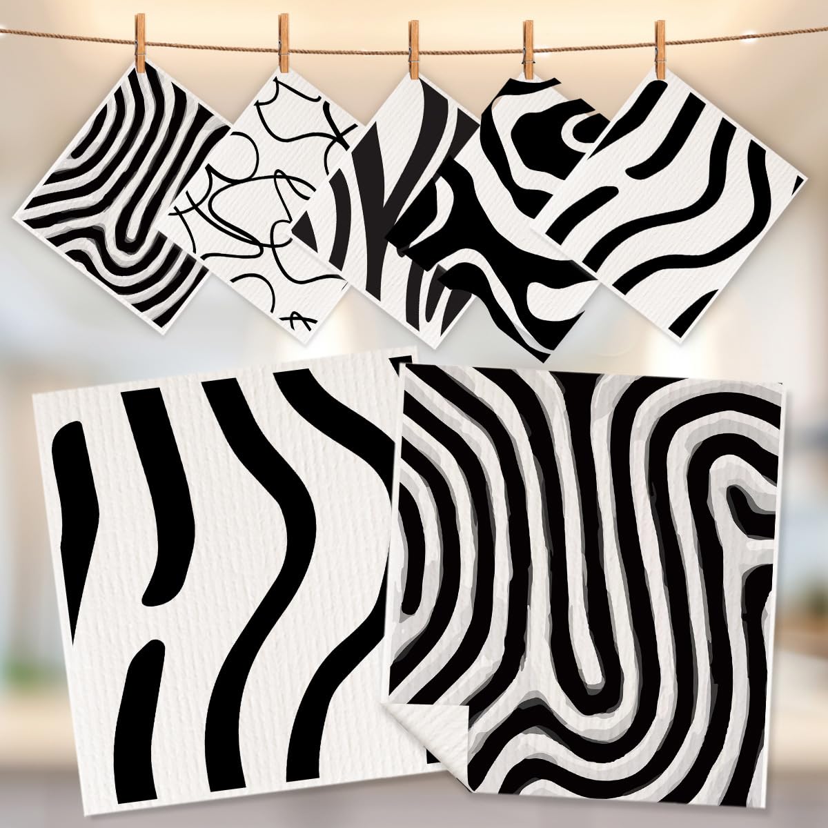 5 Pcs White & Black Abstract Dynamic Curve Decorative Zebra Stripes Swedish Dishcloths for Kitchen, Absorbent Reusable Paper Kitchen Towels Decor for Home, Quick Drying Dish Cloths