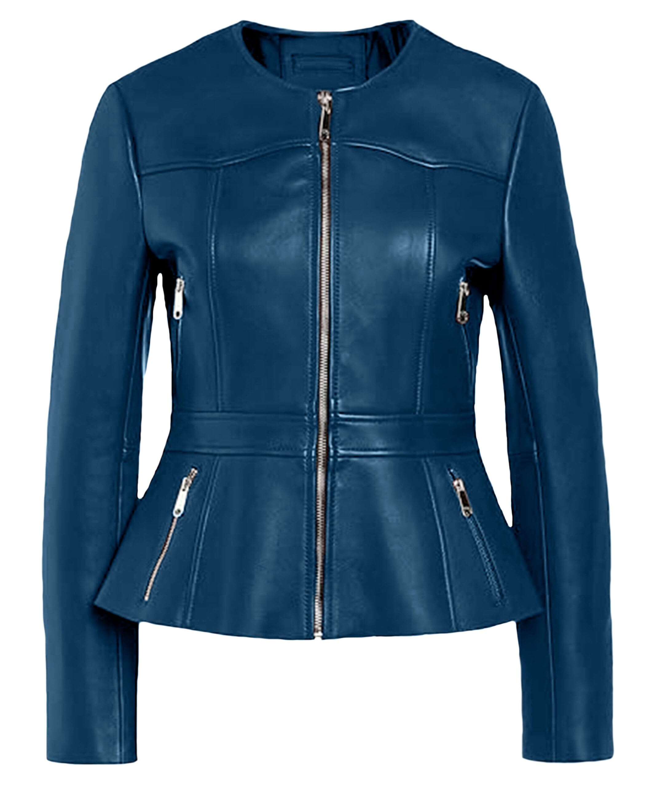 JJackin Womens Genuine Leather Peplum Jacket - Drowned Collarless Real Lambskin Jackets for Women
