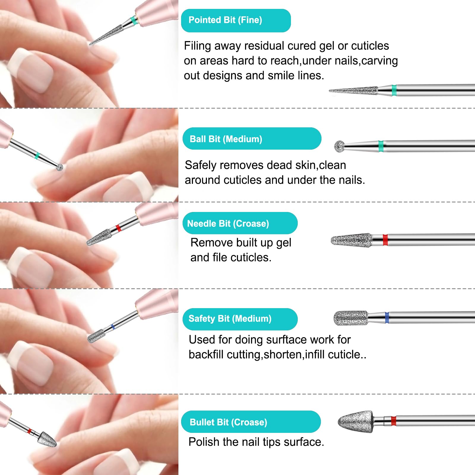 Juego de 30 brocas para taladro de uñas, de cerámica de tungsteno, puntas para fresa de uñas con soporte para taladro de uñas, profesional para manicura, pedicura, uñas acrílicas de gel