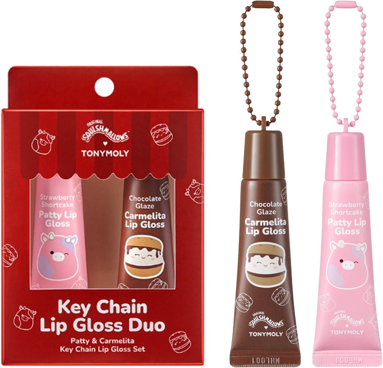 TONYMOLY x Squishmallows Lip Gloss Gift Set – 2pc Patty’s Strawberry Shortcake & Carmelita’s Chocolate Glaze Keychain Duo, Hydrating Gloss, Holiday Limited Edition