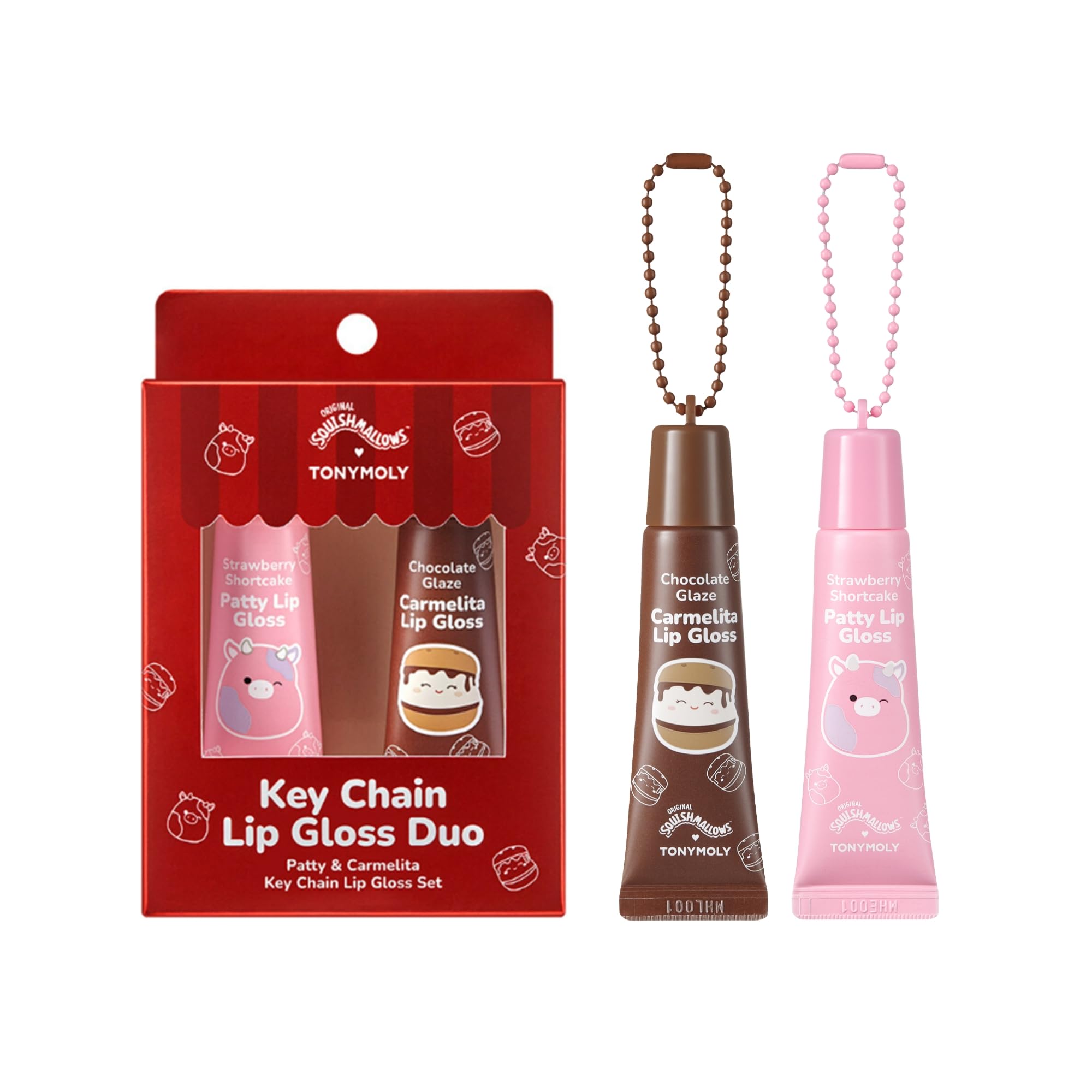 TONYMOLY x Squishmallows Lip Gloss Gift Set 2pc Pattys Strawberry Shortcake Carmelitas Chocolate Glaze Keychain Duo Hydrating Gloss