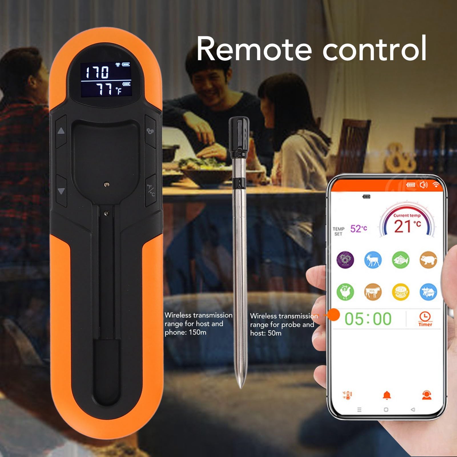 TOPINCN Termómetro Digital Inalámbrico para Carne, Temporizador de Alarma Inteligente IP66 con Sonda de Acero Inoxidable, Lectura LCD para Asar, Barbacoa, Parrilla, Cocinar en Horno